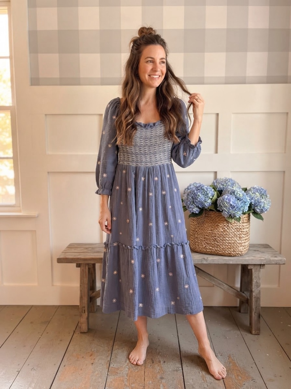 Blue Smocked Midi Dress with Embroidered Stars Medium